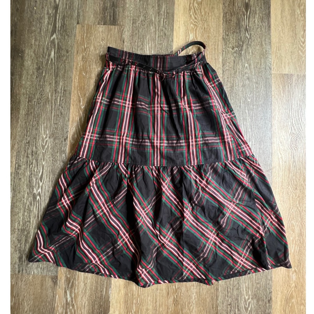 Free Assembly Plaid Midi Skirt Womens 6 Black Green Red Tiered Belted A-Line